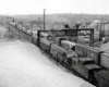 Two trains passing beneath a stop light