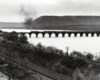A distant shot of a train crossing a bridge