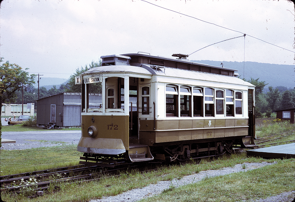 Single truck trolley No. 172 of the Shade Gap Electric Railway as it appeared in late summer or fall 1971 in Orbisonia, Pennsylvania. Trolley service operated on the Shade Gap branch after steam service ended.