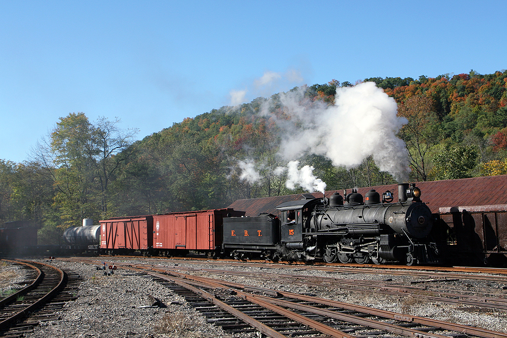 East Broad Top Railroad’s 3-foot gauge 2-8-2 No. 15 pulls a chartered train through the railroad's Orbisonia, Pennsylvania, yard during in October 2011.