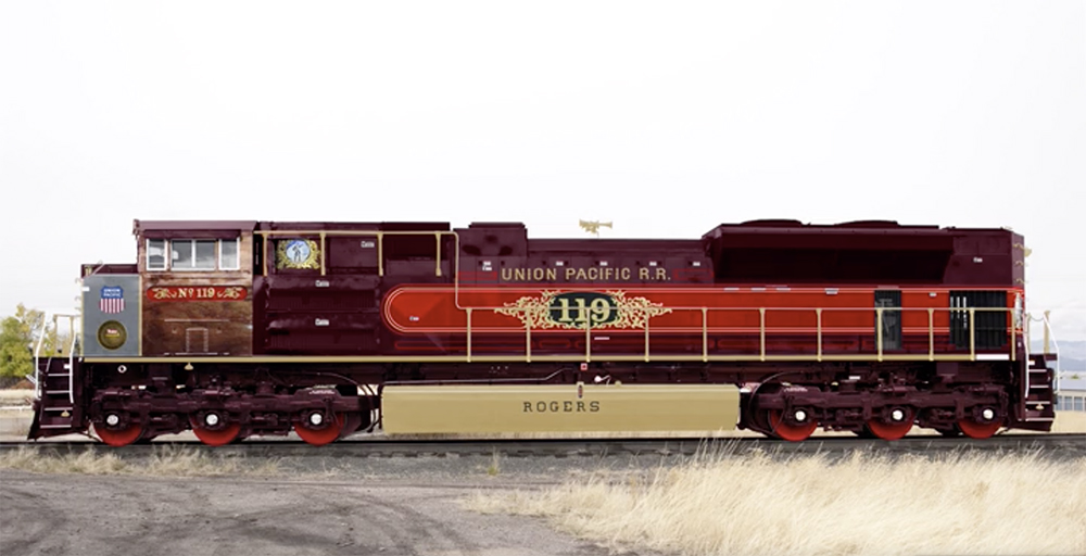 Freshly painted locomotive in red and gold colors.