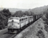 Four-unit diesel locomotive with freight train in mountains