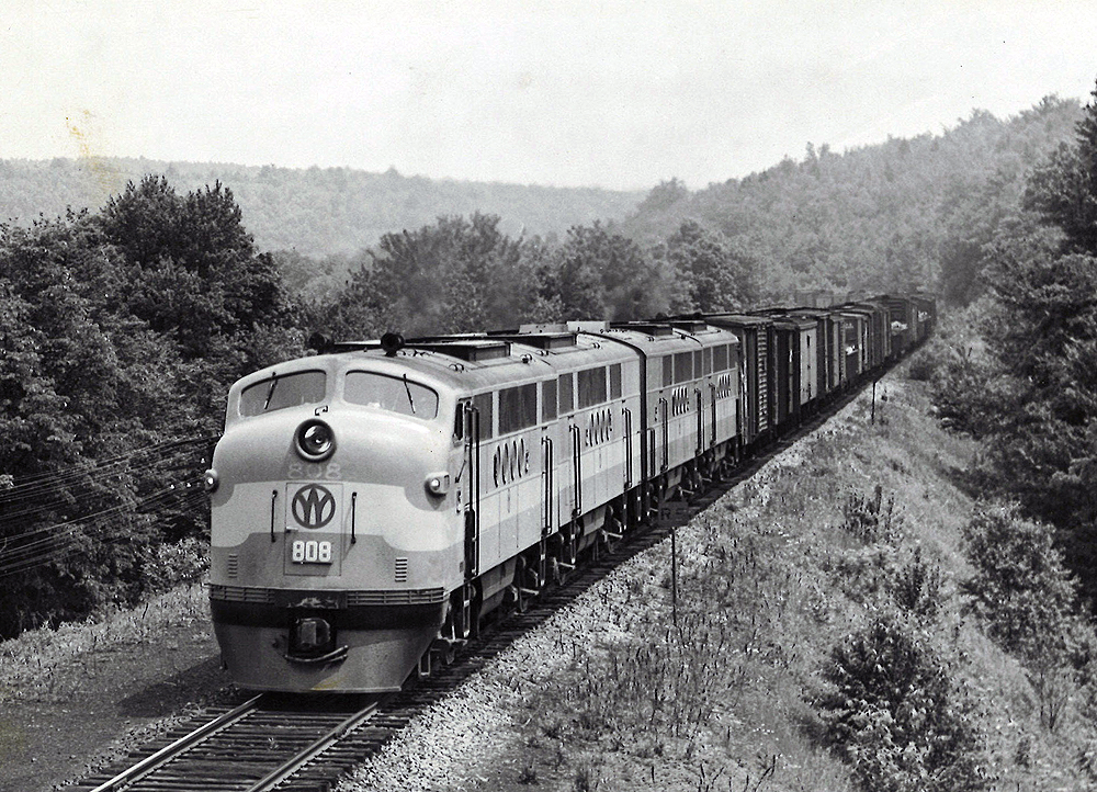 Four-unit diesel locomotive with freight train in mountains