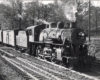 Steam locomotive with freight train passing house