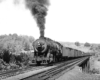 Steam locomotive with freight train crossing bridge