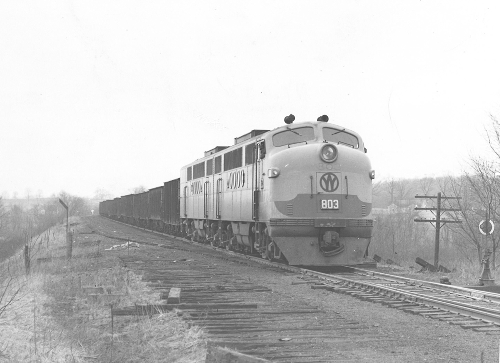 Two-unit diesel locomotive with hopper-car freight train