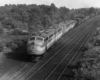 Overhead view of four-unit diesel locomotive on freight train