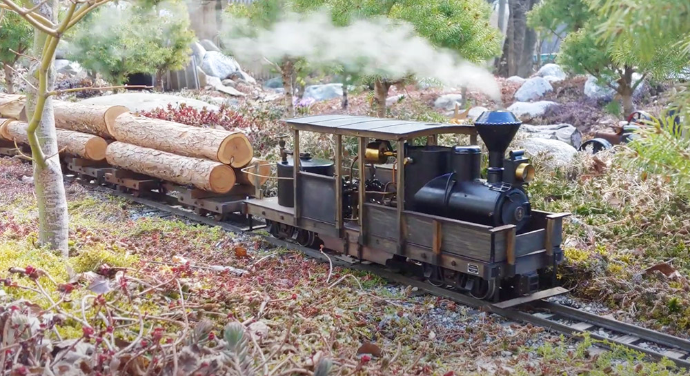 Steam engine pulling flatcars with logs on a garden railroad