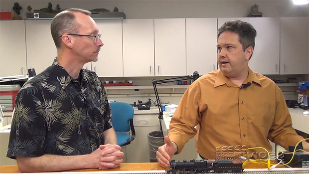 David Popp and Dana Kawala in the Model Railroader workshop having a conversation.