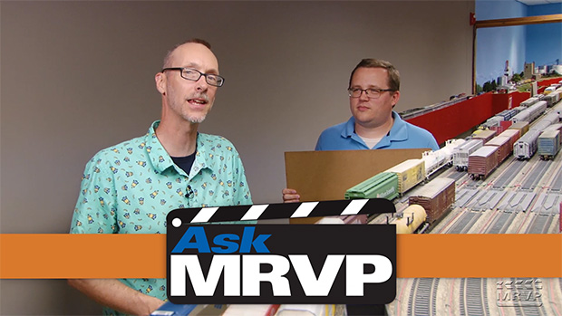 David Popp and Cody Grivno standing in the MR&T layout room at Kalmbach Media.