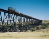 Steam-powered freight train on high bridge