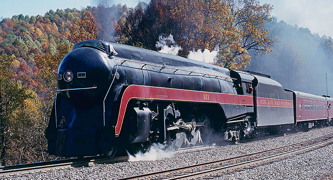 a streamlined locomotive pulling passenger cars