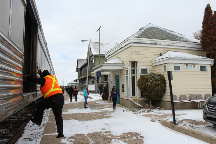 Baggage is unloaded from the Canadian at Melville, Sask., in 2018.