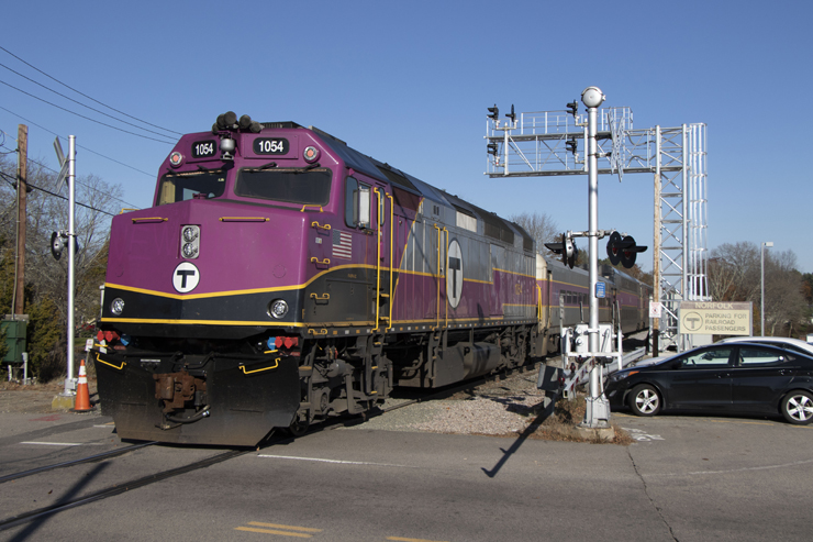 MBTA purple and silver commuter locomotive