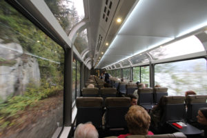 Rocky Mountaineer patrons in Silver Leaf cars enjoy the scenery and service on a trip from Vancouver, British Columbia, in October 2018