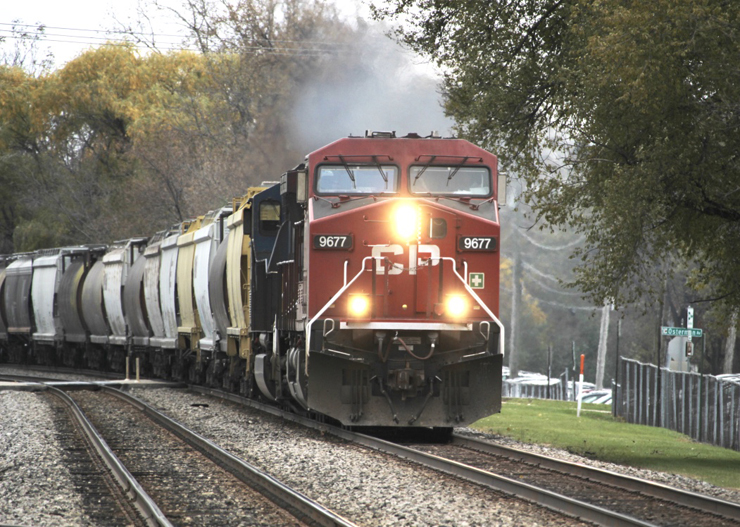 A Canadian Pacific train passes through Deerfield, Ill.