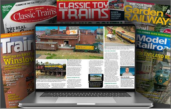 A laptop with the trains.com unlimited member archives logo and surrounded with past issues of Trains, Model Railroader, Classic Trains, Classic Toy Trains, and Garden Railways.