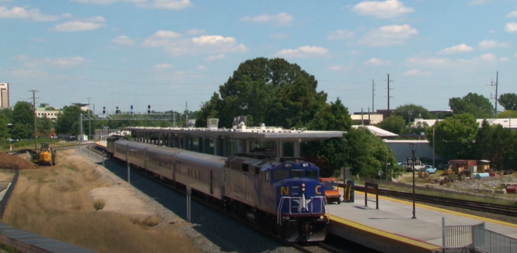 Passenger train stopped at the platform at the Raleigh train station in North Carolina