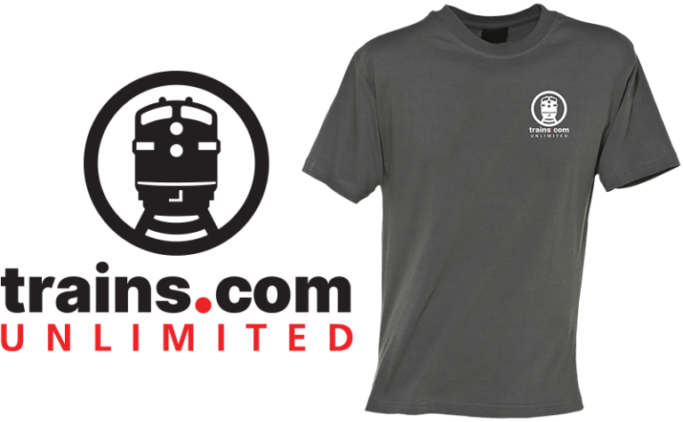 Trains.com logo next to a grey t-shirt that features the logo on the left chest area