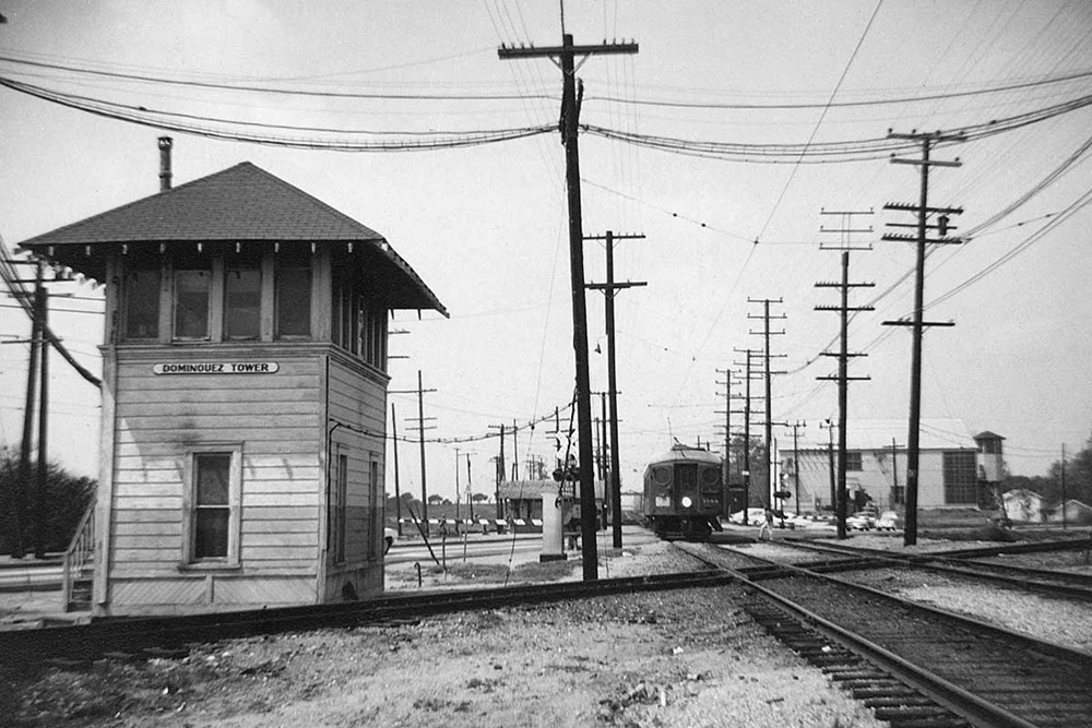 Pacific Electric car approaches Dominguez Junction