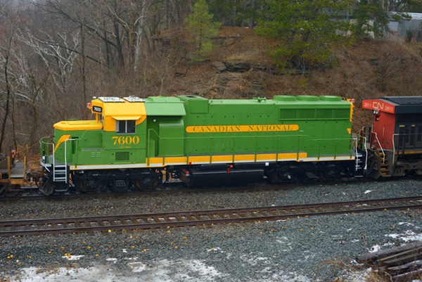 Green train on tracks