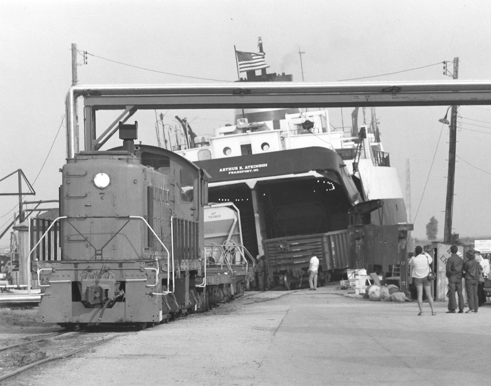 Diesel switch engine switching railroad car ferry
