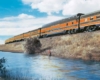 An orange-and-brown passenger train pass behind a person fishing in a river.