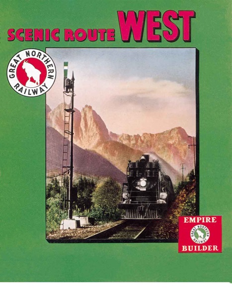 Realistic color illustration of a steam locomotive next to a semaphore signal in a mountain scene.