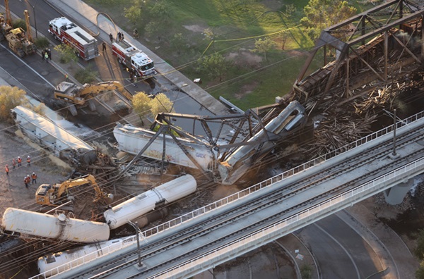 Aereal view of derailment and damaged bridge