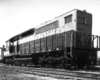 A rear-end view of a diesel locomotive.