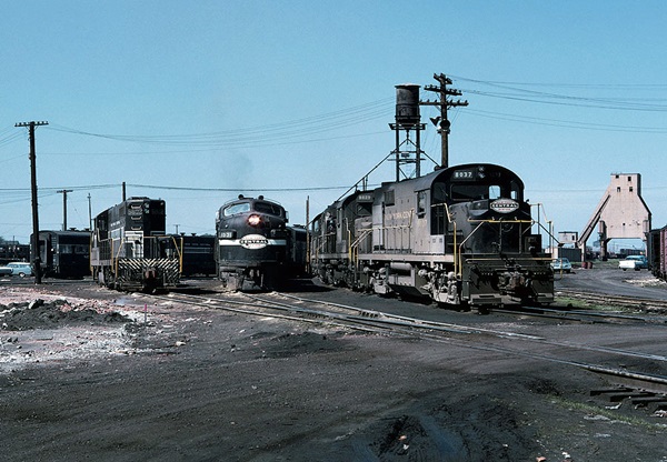 Diesel locomotives in engine terminal.