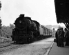 Steam locomotive leads a passenger train to a train station and waiting passengers.