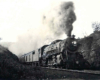 A steam locomotive leads a passenger train through a rock cut.