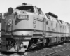 Oblique front view of a "nosey" cab-unit locomotive.