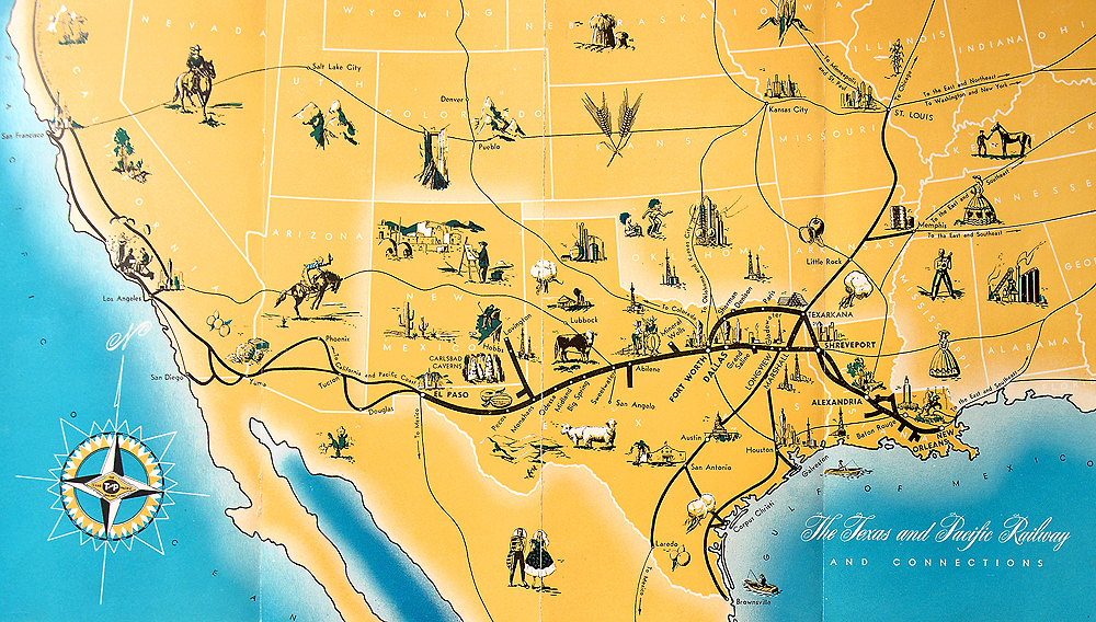 Illustrated map of the Texas & Pacific Railway.