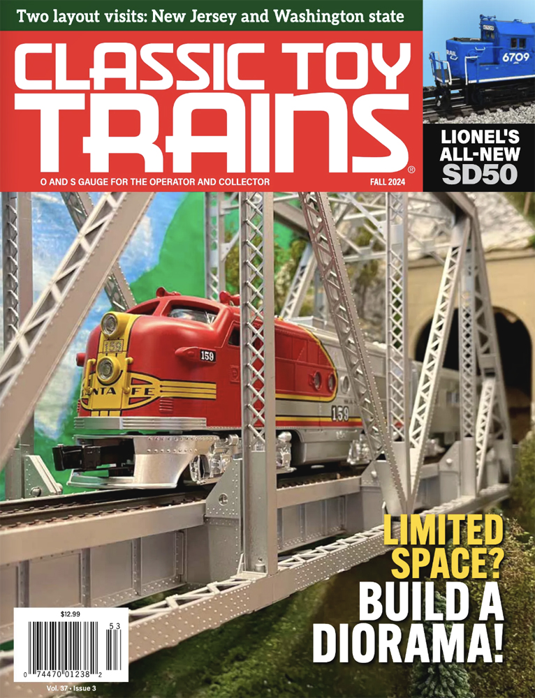 The Fall 2024 cover of Classic Toy Trains magazine, which features a red and yellow toy train locomotive passing over a bridge on a toy train layout