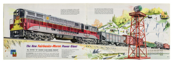 Color illustration of Lionel no. 2219W model railroad set in 1954 catalog
