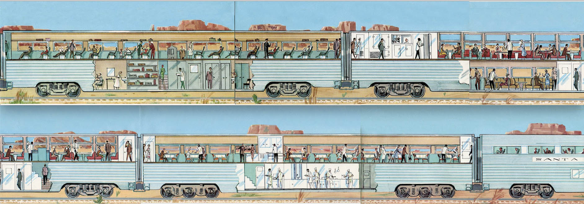 Artwork from brochure showing interiors of Santa Fe El Capitan passenger train