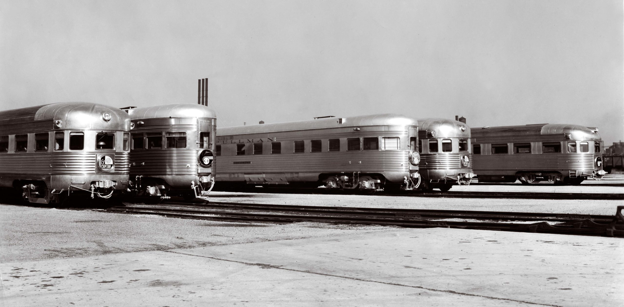 Lineup of five Santa Fe observation cars