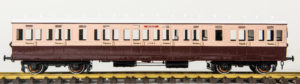 J&M Models London & South Western Ry. 1:32 proportion brass all third suburban coach in salmon-and-pink paint scheme