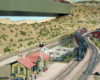 Vertical image combines two Santa Fe scenes on a double-deck layout as it might have appeared in New Mexico.