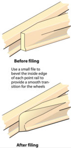 Diagram showing the switch points of a model railroad turnout before and after filing.