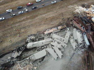 Overhead view of derailed train