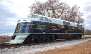 Streamlined gray and blue diesel locomotive