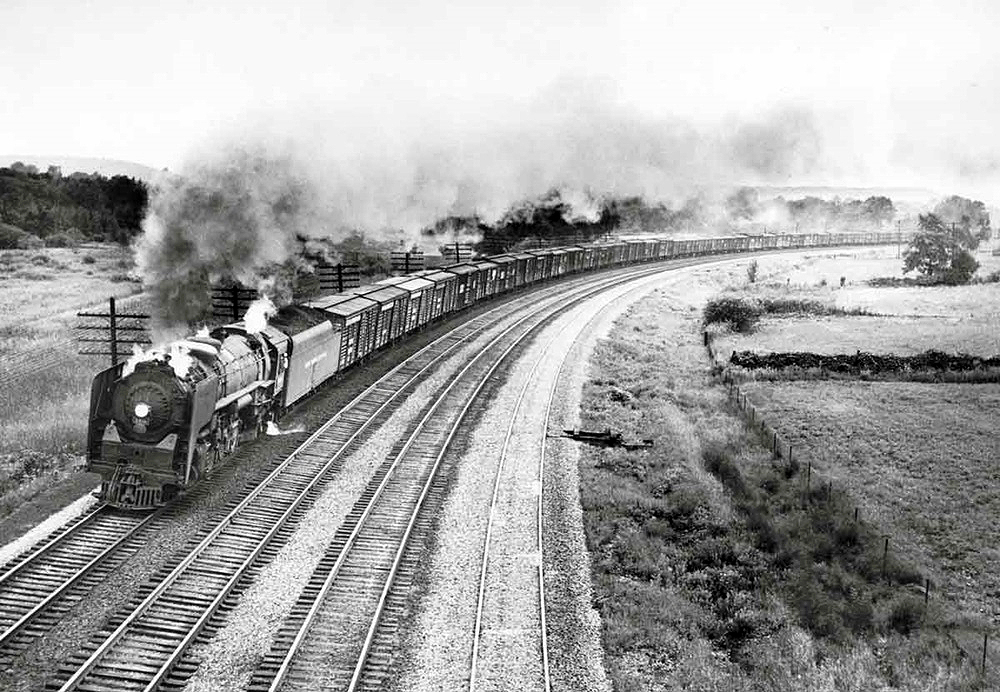 Steam locomotive with freight train