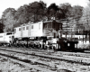 An electric locomotive leading a train at speed.