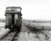 Caboose with open door at the end of a long freight train amid low, rolling field and forest land.