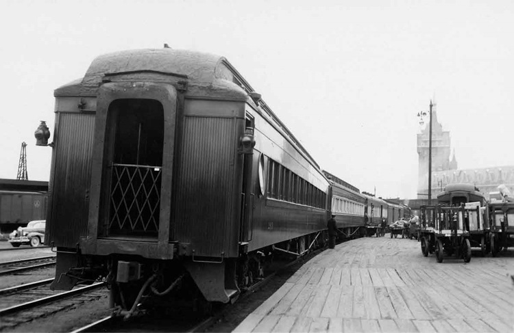 Wooden coaches on Albany–Binghamton train 208 at Albany Union Station, circa 1945–46.