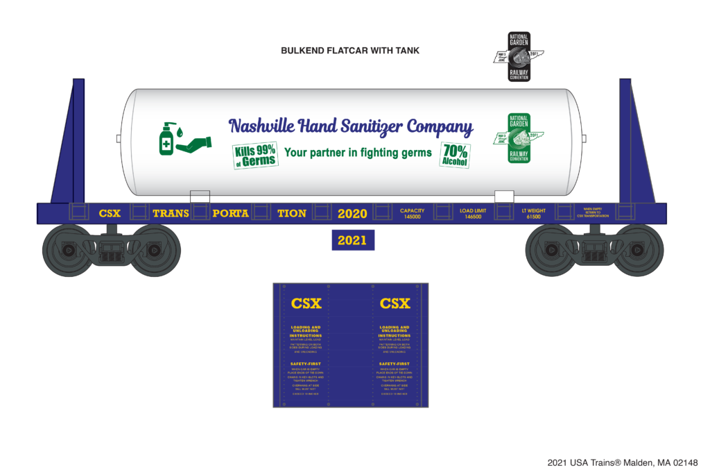 2021 National Garden Railroad Convention USA Trains 1:24 scale CSX bulkhead flatcar with hand sanitizer tank load