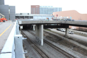 Train tracks in urban canyon